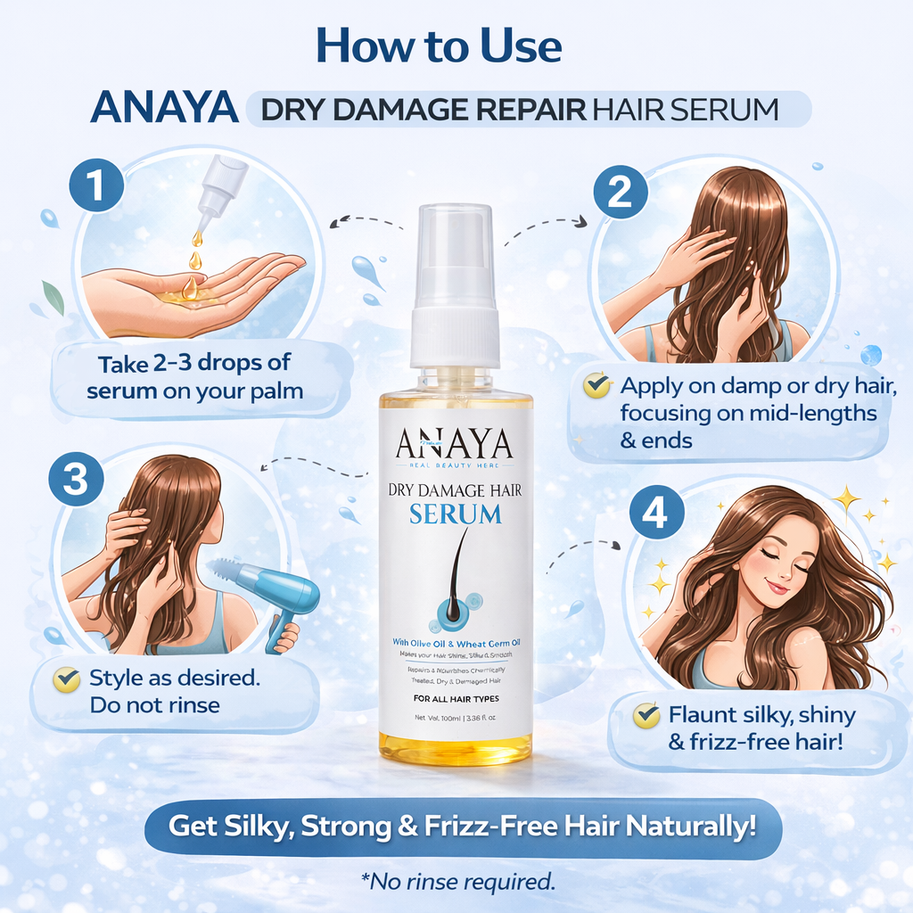 ANAYA Naturals Dry Damage Repair Hair Serum 100ml | Olive Oil & Wheat Germ Oil for Frizz Control, Shine & Smooth Hair