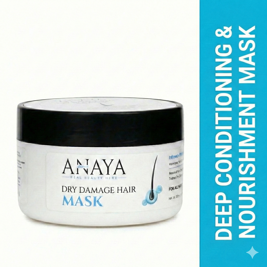 Anaya dry damage hair mask jar with black lid on a white background