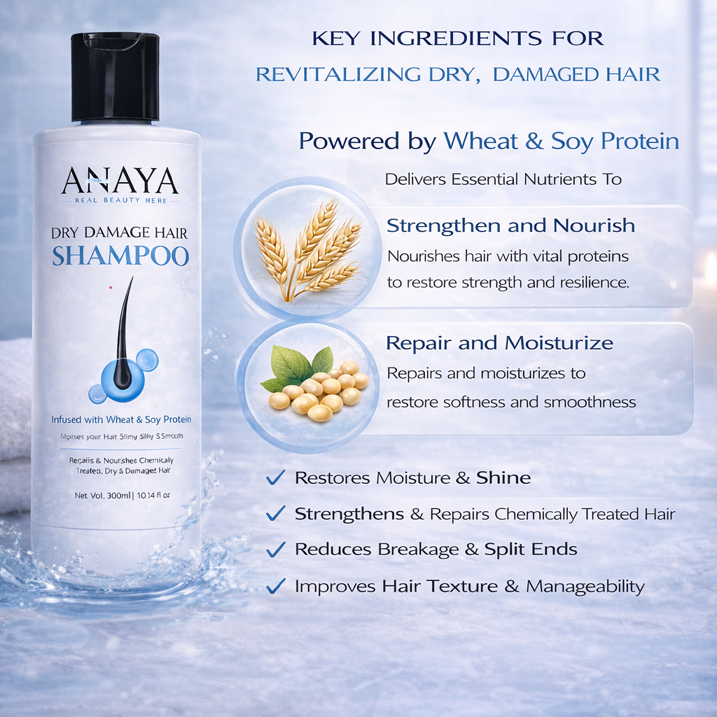 ANAYA NATURALS Dry Damage Repair Shampoo with Wheat & Soy Protein | Sulfate-Free, Frizz Control, Smooth & Strong Hair | For Dry, Chemically Treated & Damaged Hair (300 ml)