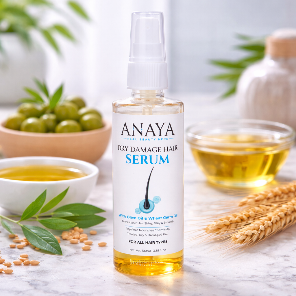 ANAYA Naturals Dry Damage Repair Hair Serum 100ml | Olive Oil & Wheat Germ Oil for Frizz Control, Shine & Smooth Hair
