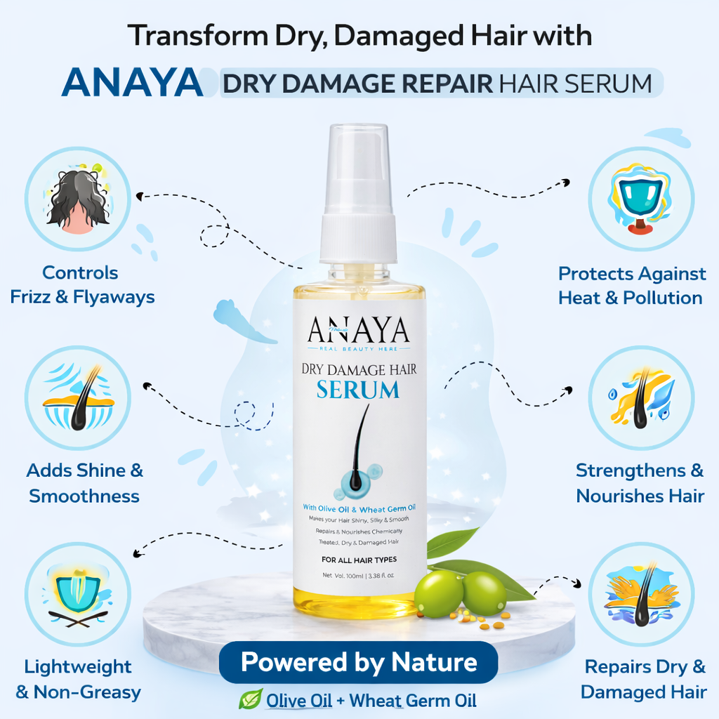 ANAYA Naturals Dry Damage Repair Hair Serum 100ml | Olive Oil & Wheat Germ Oil for Frizz Control, Shine & Smooth Hair