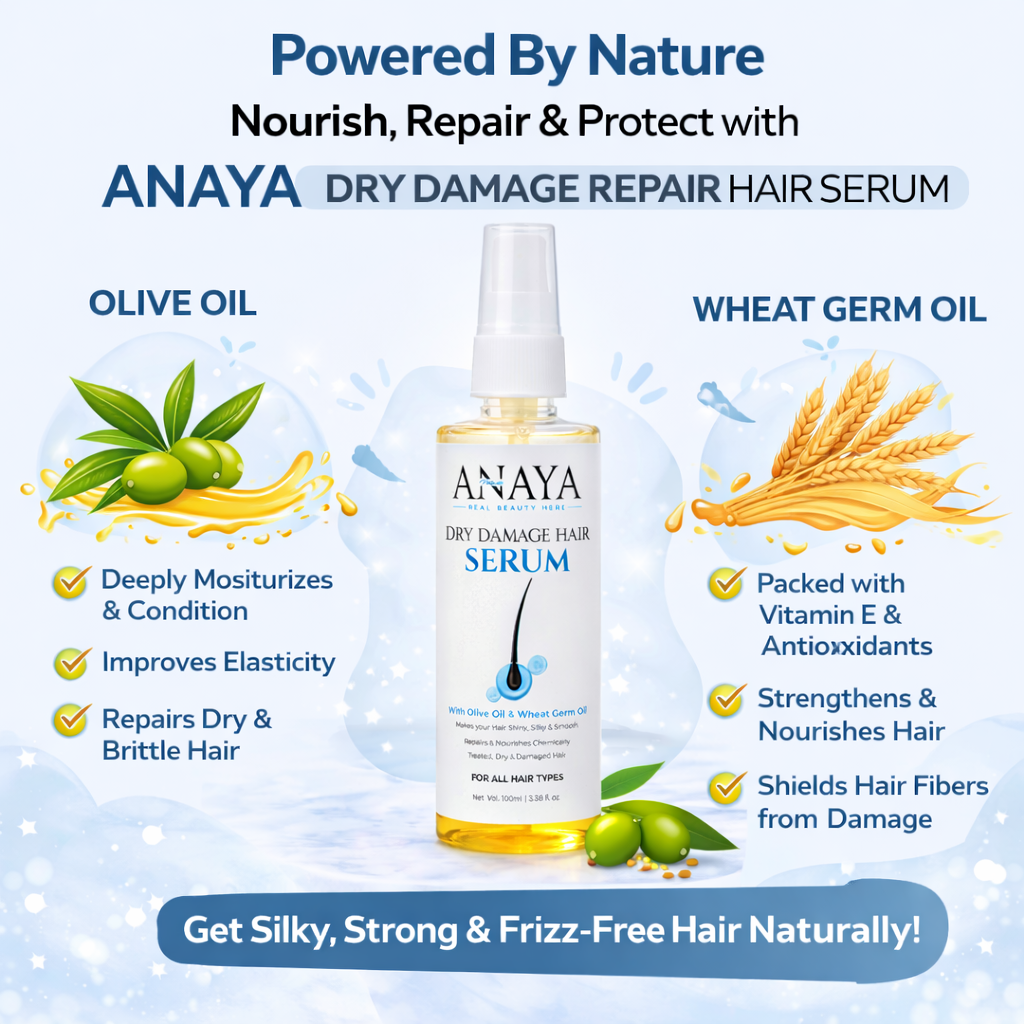 ANAYA Naturals Dry Damage Repair Hair Serum 100ml | Olive Oil & Wheat Germ Oil for Frizz Control, Shine & Smooth Hair