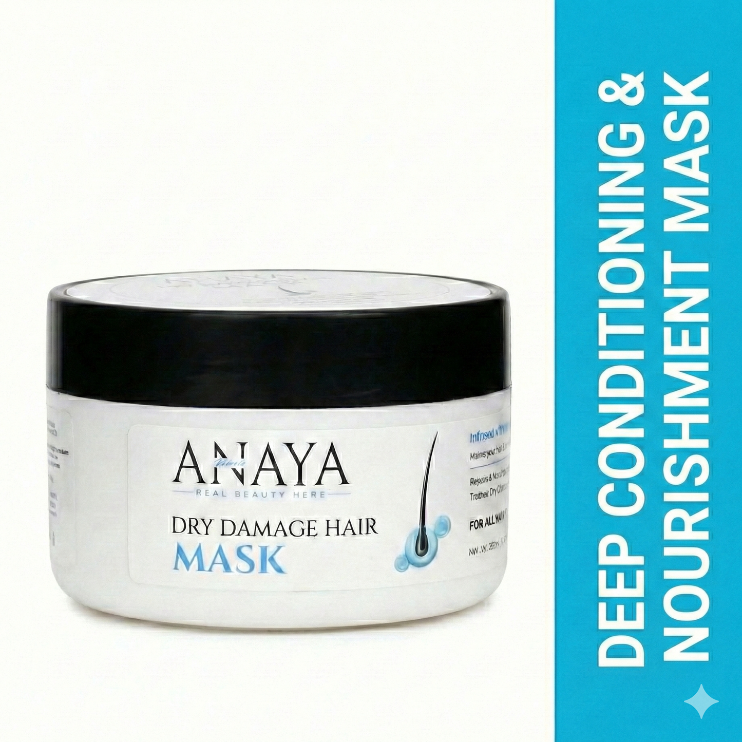 Anaya dry damage hair mask jar with black lid on a white background