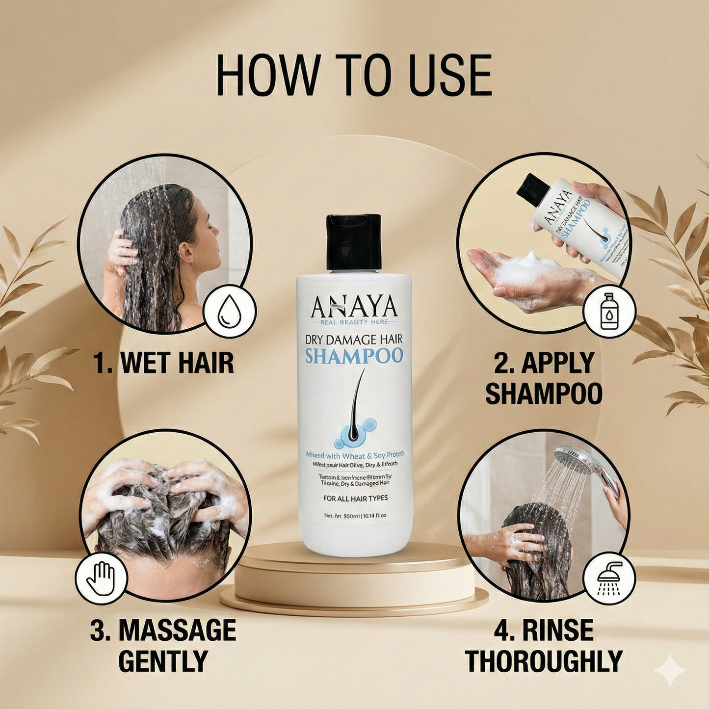 ANAYA NATURALS Dry Damage Repair Shampoo with Wheat & Soy Protein | Sulfate-Free, Frizz Control, Smooth & Strong Hair | For Dry, Chemically Treated & Damaged Hair (300 ml)