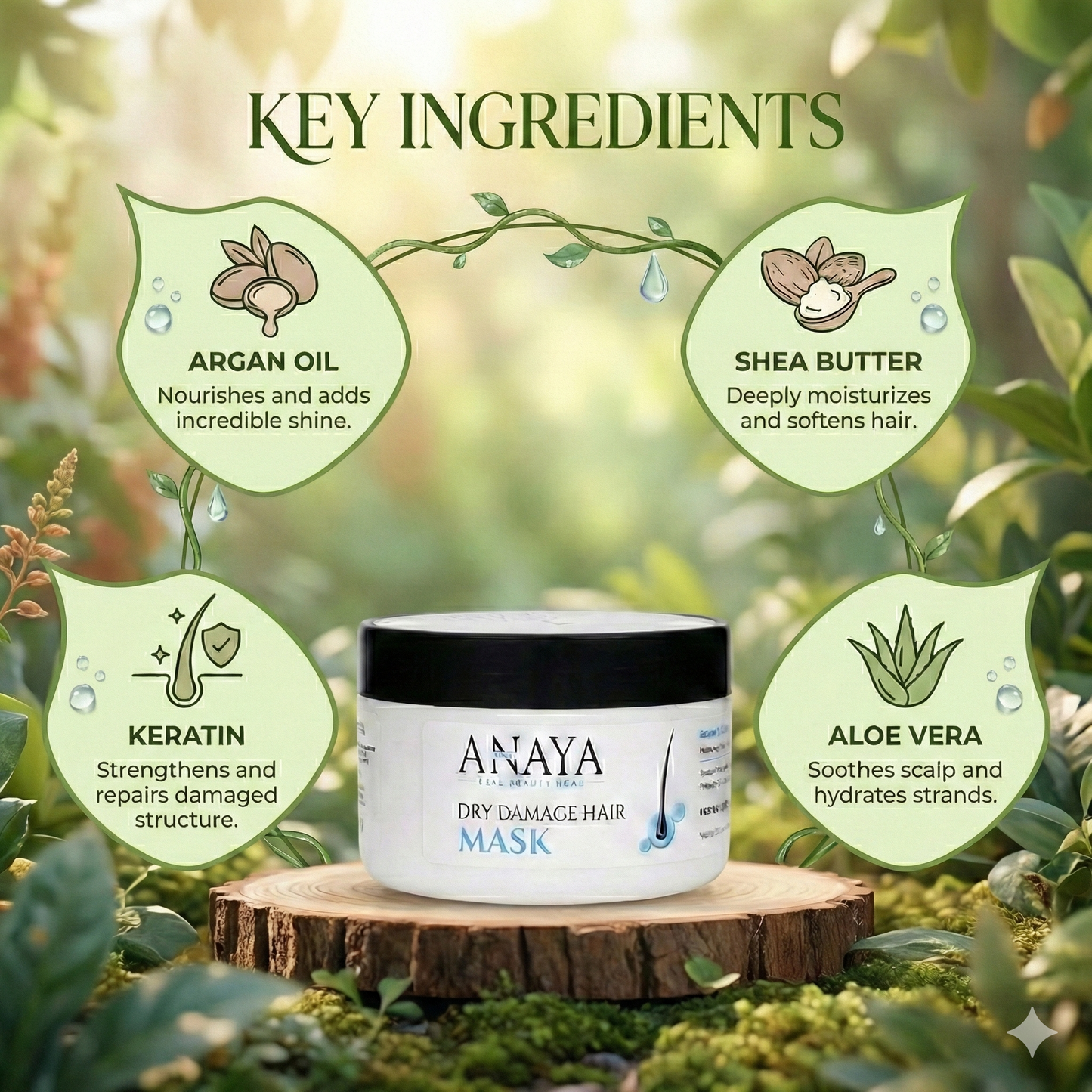 Anaya Dry Damage Hair Mask With Key Ingredients Listed On The Background
