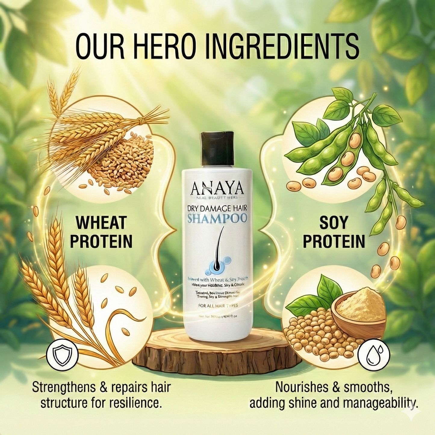 ANAYA NATURALS Dry Damage Repair Shampoo with Wheat & Soy Protein | Sulfate-Free, Frizz Control, Smooth & Strong Hair | For Dry, Chemically Treated & Damaged Hair (300 ml)